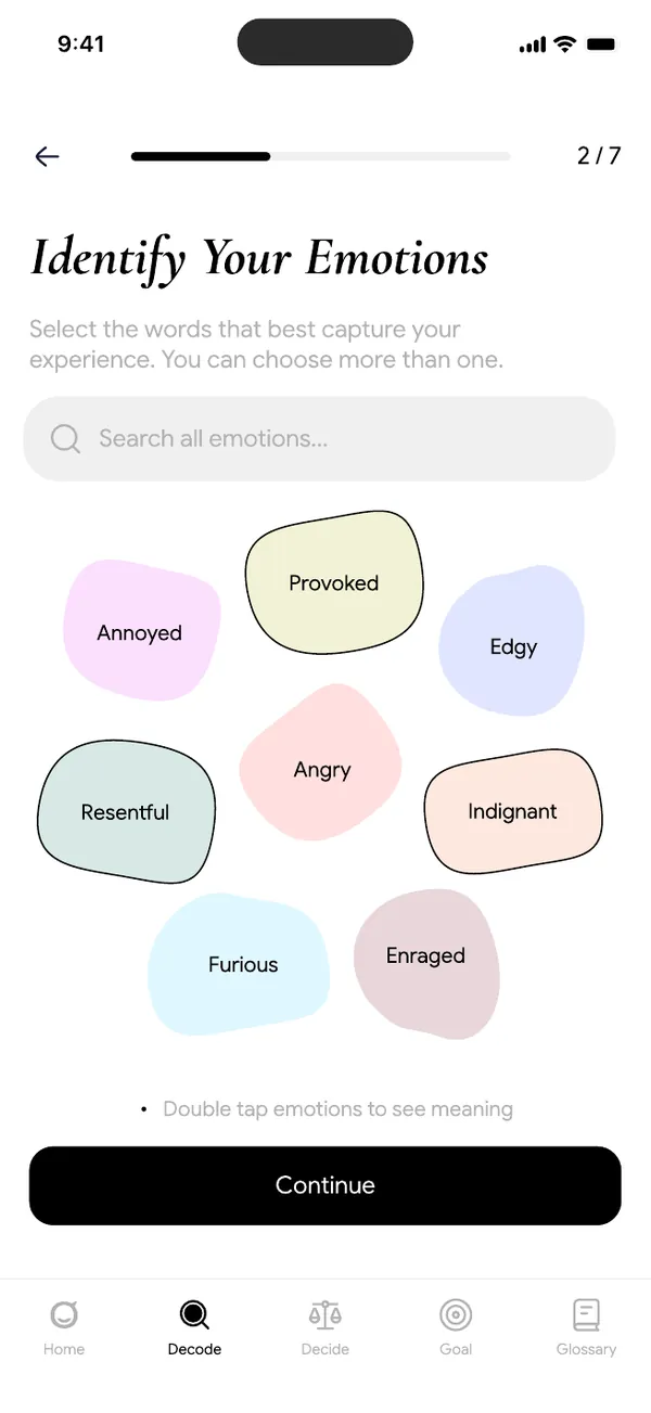 Motiv app screen: Identify your emotions, with Provoked, Resentful and Indignant selected