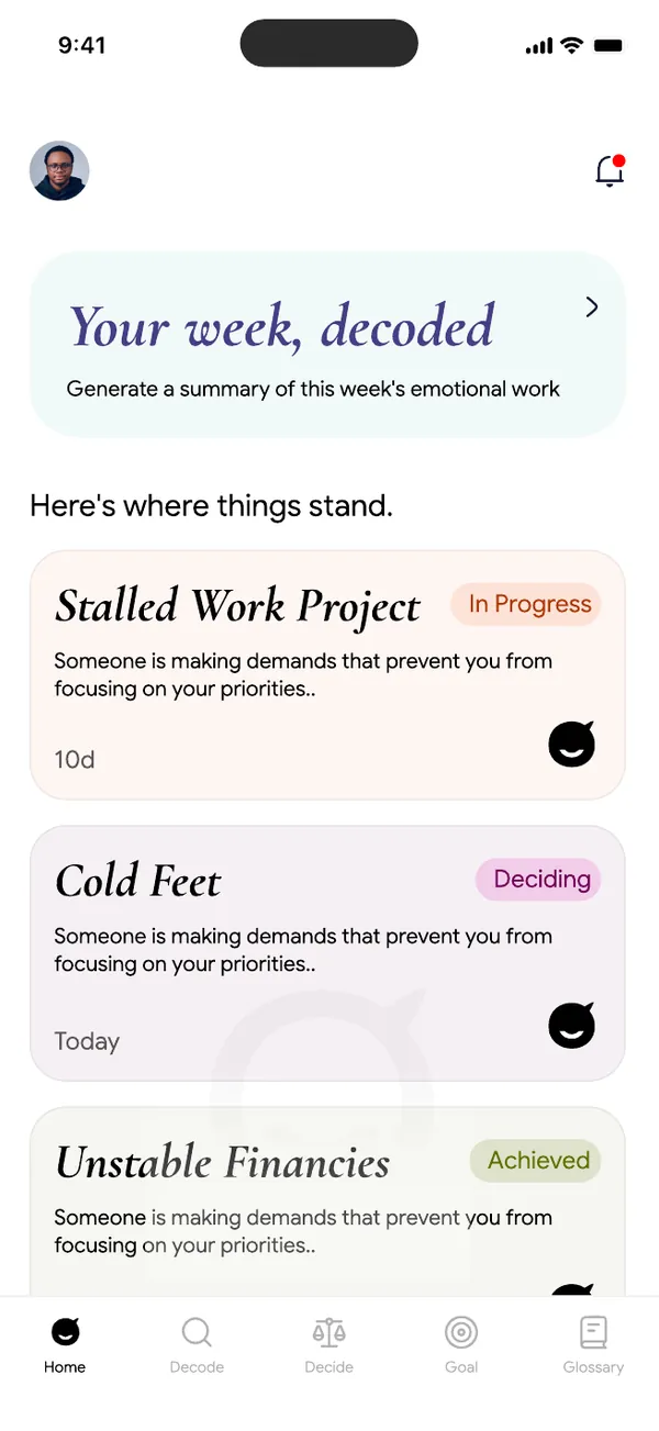 Motiv app screen: Your week, decoded, with situations and their status