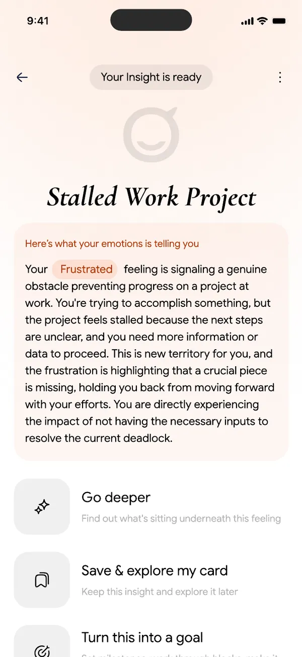 Motiv app screen: the decoded insight for a situation called Stalled Work Project